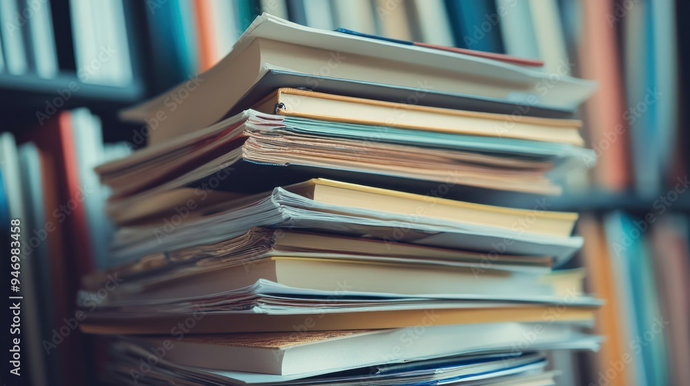 Obraz premium Stack of Books and Papers on a Bookshelf