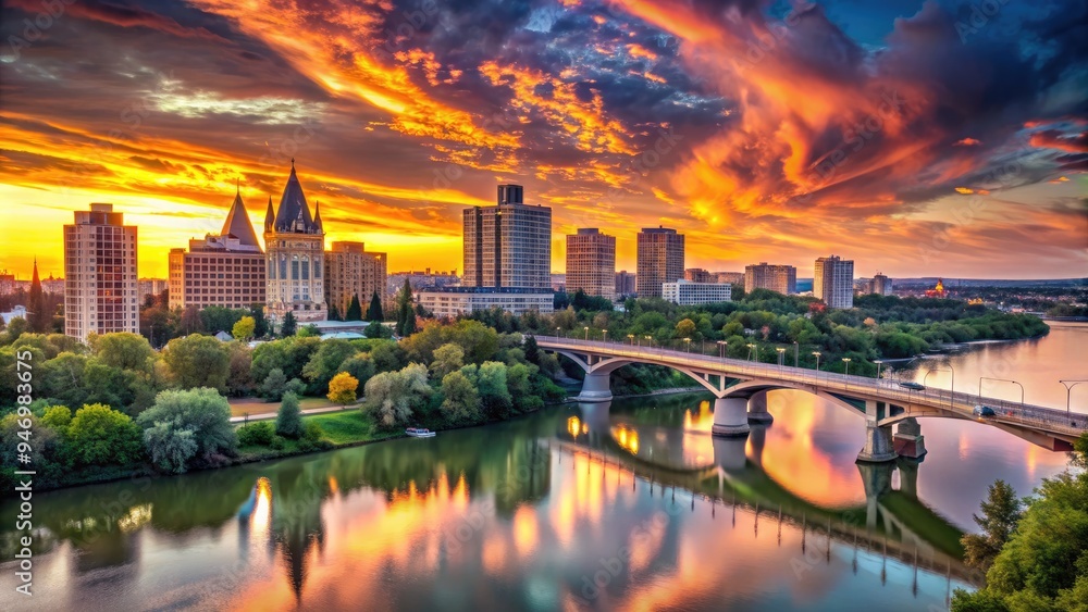 Obraz premium Vibrant sunset illuminates the modern downtown Saskatoon skyline, featuring sleek skyscrapers, historic bridges, and majestic South Saskatchewan River flowing through the heart of the city.
