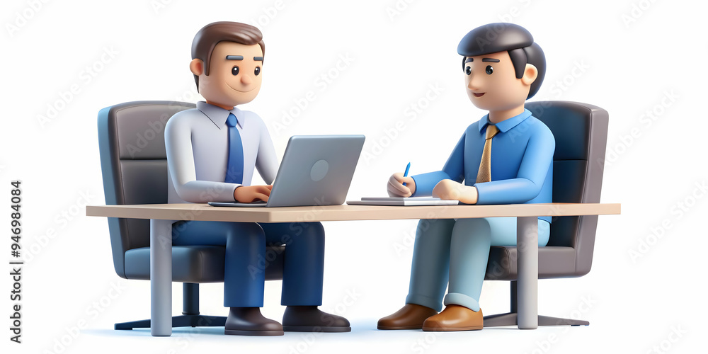 Obraz premium 3D Financial Officer Discussing Report with Colleague in Casual Meeting - Collaboration and teamwork shines in a relaxed office environment, candid moment captured in 3D icon isolated on white backgro