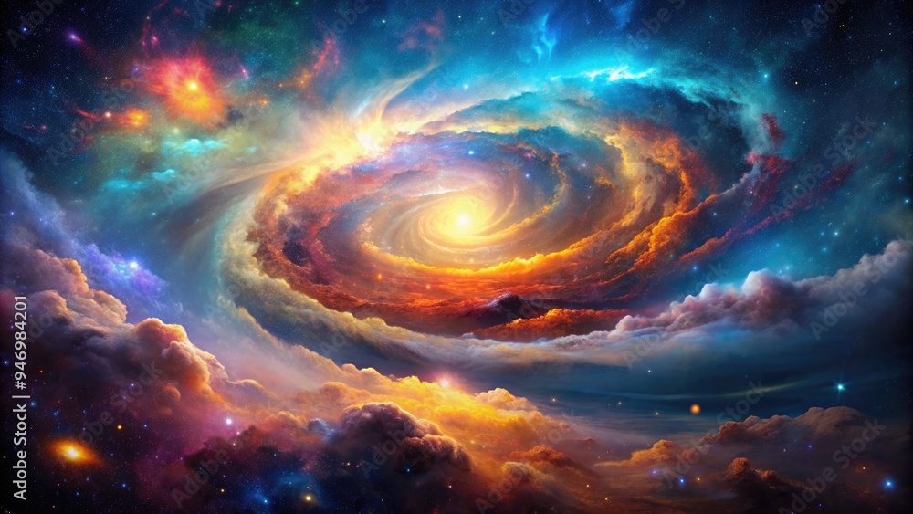 Vibrant, swirling clouds of interstellar gas and dust illuminate the dark cosmos, showcasing a kaleidoscope of colors and mesmerizing textures within the nebula's ethereal landscape. Vibrant, swirling clouds of interstellar gas and dust illuminate the dark cosmos, showcasing a kaleidoscope of colors and mesmerizing textures within the nebula's ethereal landscape.