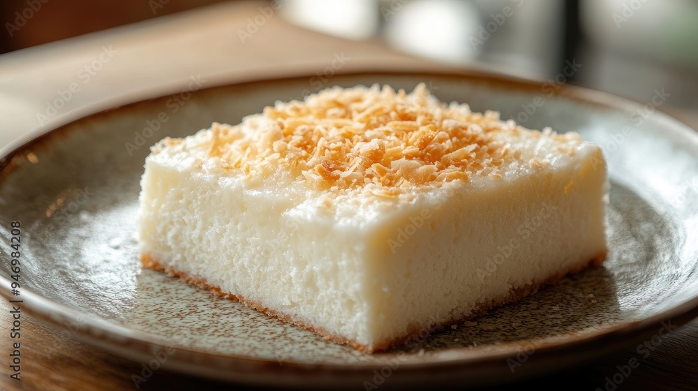 A delicious Thai sponge cake topped with a light layer of coconut flakes, served on a ceramic plate, highlighting its delicate, fluffy texture