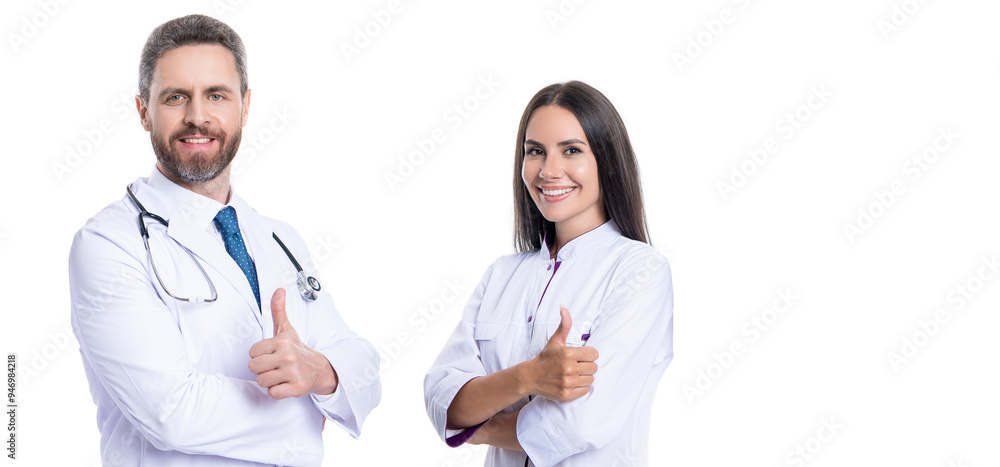medical service advertisement. two nurse and doctor in medicine hospital. healthcare physician doctor isolated on white. medicine and healthcare. doctor offer advertisement, thumb up. copy space medical service advertisement. two nurse and doctor in medicine hospital. healthcare physician doctor isolated on white. medicine and healthcare. doctor offer advertisement, thumb up. copy space
