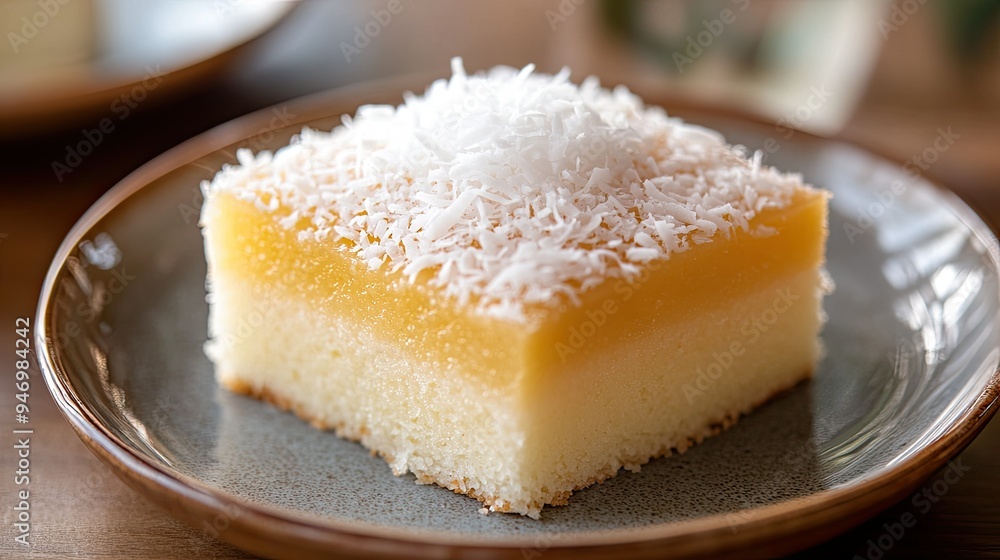 A delicious Thai sponge cake topped with a light layer of coconut flakes, served on a ceramic plate, highlighting its delicate, fluffy texture A delicious Thai sponge cake topped with a light layer of coconut flakes, served on a ceramic plate, highlighting its delicate, fluffy texture