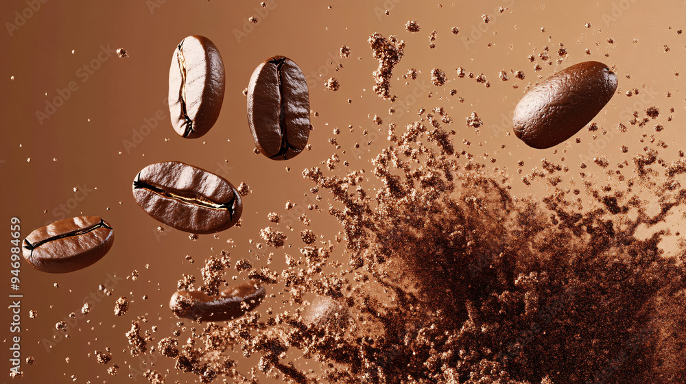 Coffee splash, close-up, several coffee beans flying around in coffee powder, advertising photography, studio shot Coffee splash, close-up, several coffee beans flying around in coffee powder, advertising photography, studio shot