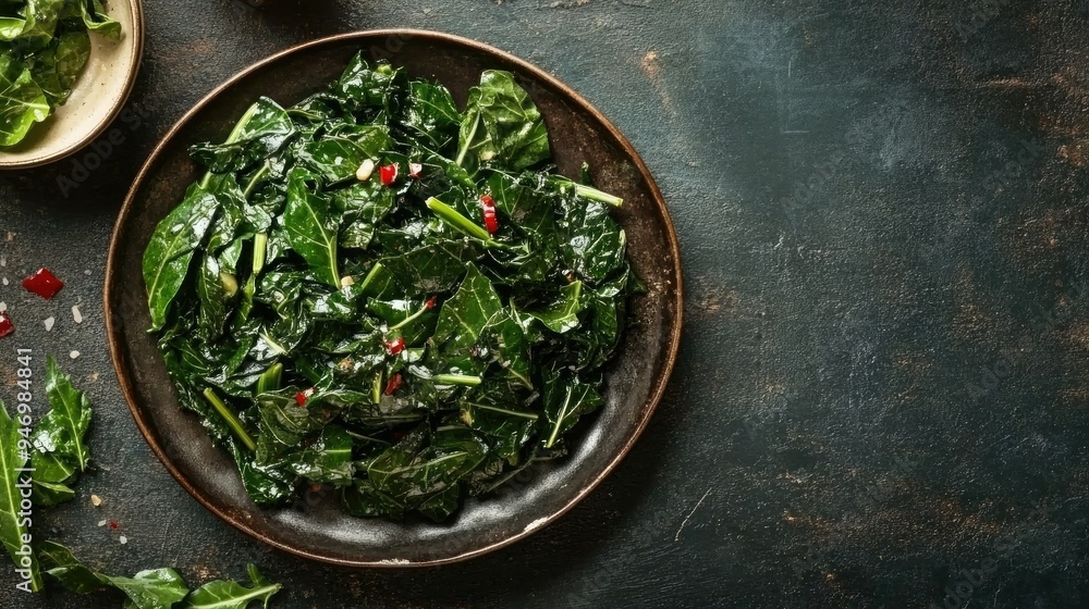 A flat lay of organic collard greens sautaed with ginger and pepper, arranged on a rustic plate, highlighting the fresh, homemade quality of this nutritious dish, A flat lay of organic collard greens sautaed with ginger and pepper, arranged on a rustic plate, highlighting the fresh, homemade quality of this nutritious dish,