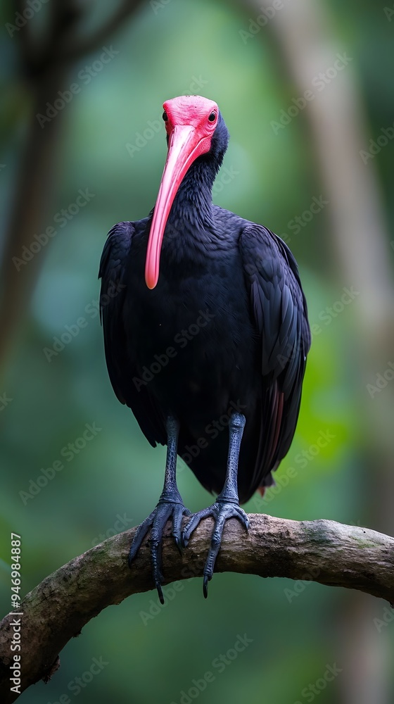 Fototapeta premium Northern Bald Ibis Hermit Perched on a Branch in Nature, Realistic Photo, Wallpaper, Cover and Screen for Smartphone, Cell Phone, Computer, Laptop, 9:16 and 16:9 Format