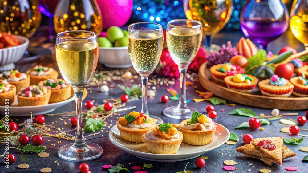 Vibrant table setting features sparkling champagne flutes, festive confetti, and a delectable spread of canapés, mini quiches, and sweet treats for a celebratory new year's eve gathering. Vibrant table setting features sparkling champagne flutes, festive confetti, and a delectable spread of canapés, mini quiches, and sweet treats for a celebratory new year's eve gathering.