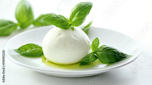 A fresh ball of mozzarella cheese on a white plate, garnished with vibrant green basil leaves, set against a clean white background, showcasing simplicity and elegance