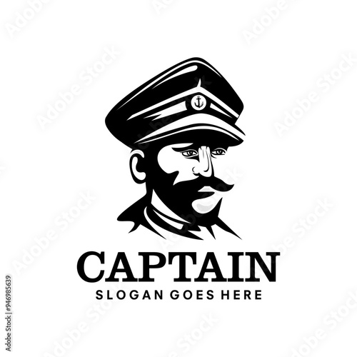 Bearded ship captain or skipper with a pipe and peaked cap for marine nautical logo design for sailor