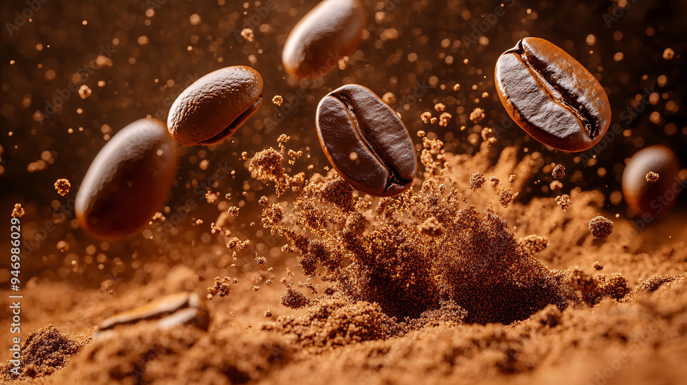 Coffee splash, close-up, several coffee beans flying around in coffee powder, advertising photography, studio shot Coffee splash, close-up, several coffee beans flying around in coffee powder, advertising photography, studio shot