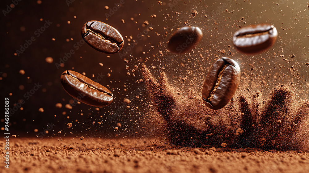 Coffee splash, close-up, several coffee beans flying around in coffee powder, advertising photography, studio shot Coffee splash, close-up, several coffee beans flying around in coffee powder, advertising photography, studio shot