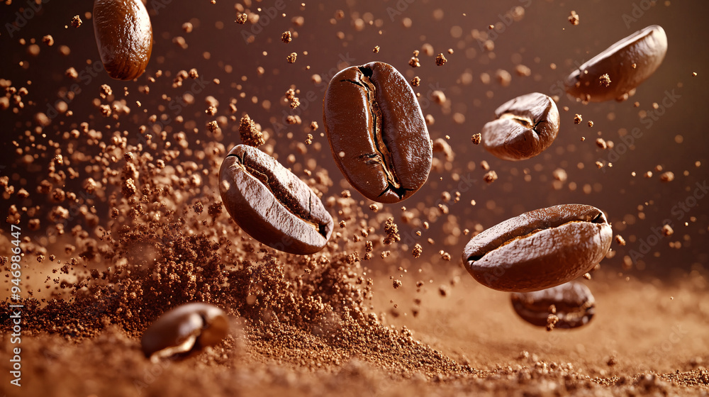 Coffee splash, close-up, several coffee beans flying around in coffee powder, advertising photography, studio shot Coffee splash, close-up, several coffee beans flying around in coffee powder, advertising photography, studio shot
