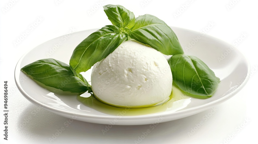 A minimalistic presentation of a mozzarella ball with fresh basil leaves on a white ceramic plate, featuring a clipping path for easy background removal