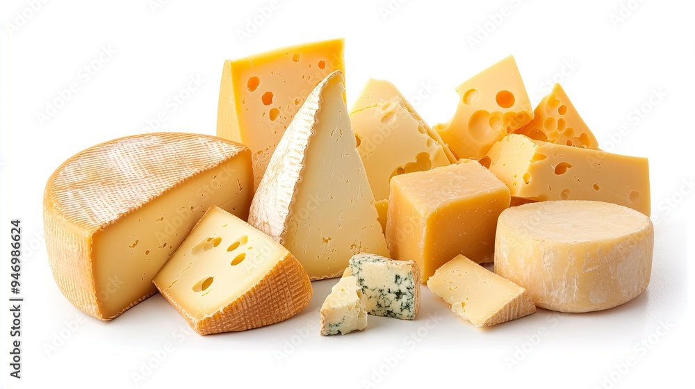A neatly arranged display of different cuts of Holland cheese, including wedges and slices, set against a white background for a simple, elegant presentation A neatly arranged display of different cuts of Holland cheese, including wedges and slices, set against a white background for a simple, elegant presentation