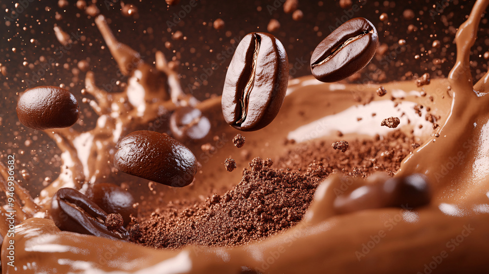 Coffee splash, close-up, several coffee beans flying around in coffee powder, advertising photography, studio shot Coffee splash, close-up, several coffee beans flying around in coffee powder, advertising photography, studio shot