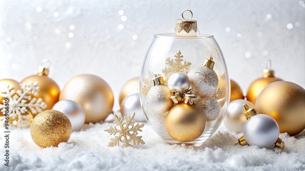 Christmas wallpaper. White and gold Christmas baubles. Empty glass ball on snowy background. Christmas wallpaper. White and gold Christmas baubles. Empty glass ball on snowy background.