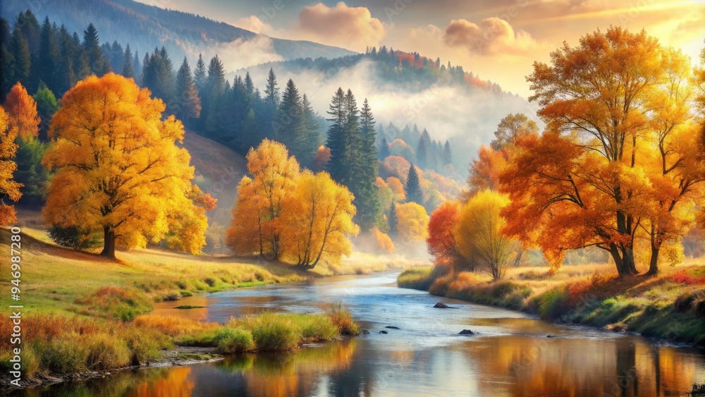 Vibrant watercolor depiction of a serene autumn landscape featuring golden trees, rustling leaves, and a tranquil misty river flowing gently through a rolling hills backdrop. Vibrant watercolor depiction of a serene autumn landscape featuring golden trees, rustling leaves, and a tranquil misty river flowing gently through a rolling hills backdrop.