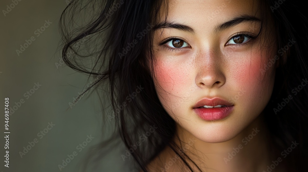 Close-up Portrait of a Young Woman with Flushed Cheeks and Flowing Black Hair Close-up Portrait of a Young Woman with Flushed Cheeks and Flowing Black Hair