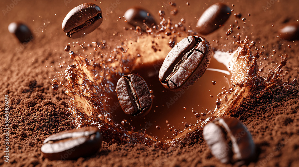 Coffee splash, close-up, several coffee beans flying around in coffee powder, advertising photography, studio shot Coffee splash, close-up, several coffee beans flying around in coffee powder, advertising photography, studio shot