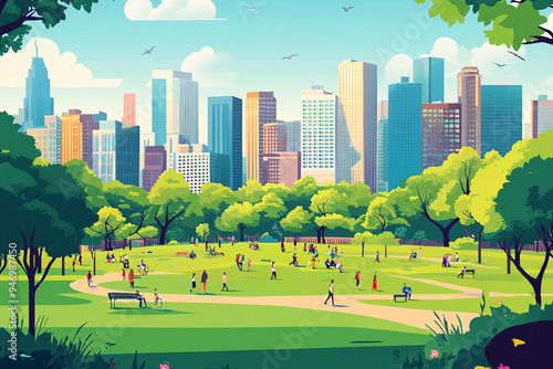 A city park with a large crowd of people enjoying the outdoors