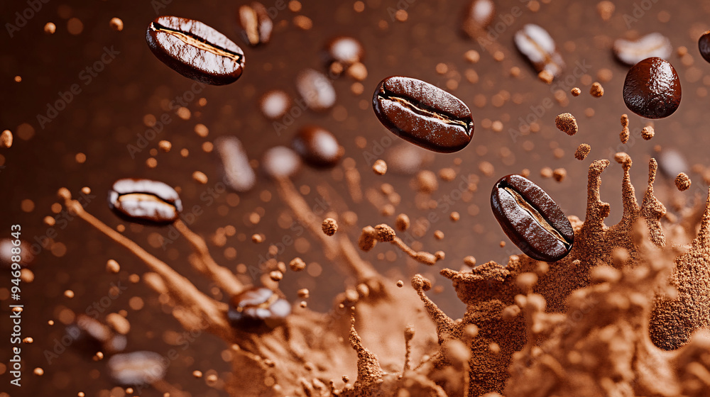 Coffee splash, close-up, several coffee beans flying around in coffee powder, advertising photography, studio shot Coffee splash, close-up, several coffee beans flying around in coffee powder, advertising photography, studio shot