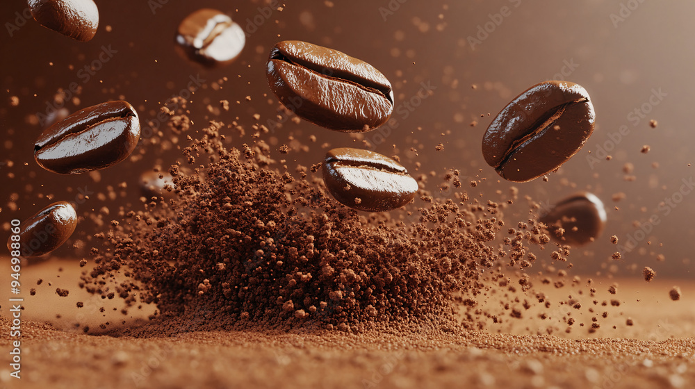 Coffee splash, close-up, several coffee beans flying around in coffee powder, advertising photography, studio shot Coffee splash, close-up, several coffee beans flying around in coffee powder, advertising photography, studio shot