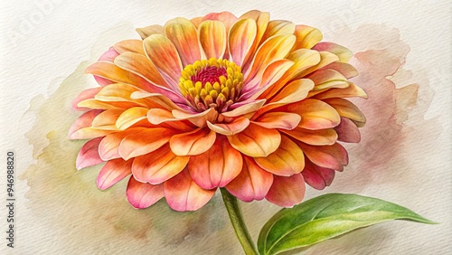 Vibrant watercolor illustration of a delicate zinnia flower, petals softly blending in shades of pink, orange, and yellow, against a subtle textured white background.