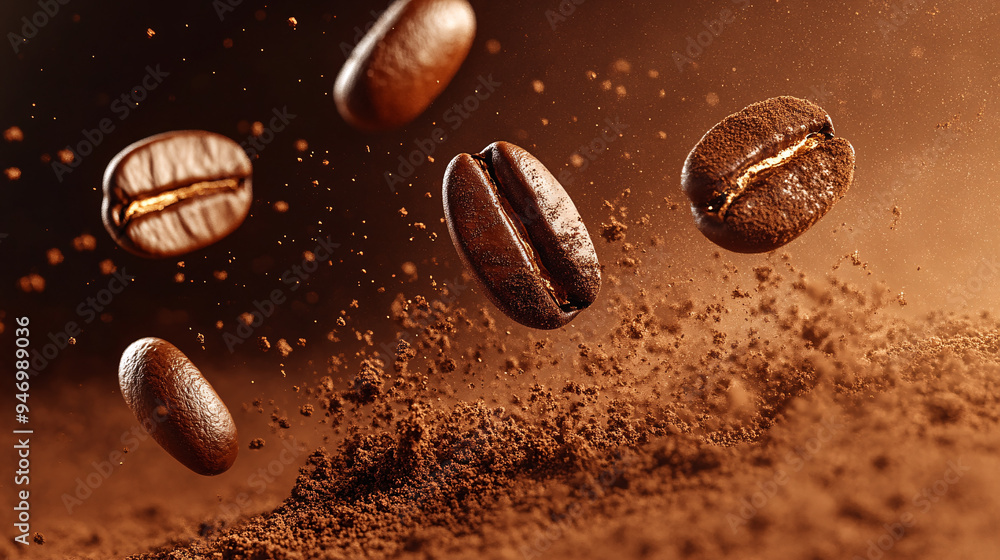 Coffee splash, close-up, several coffee beans flying around in coffee powder, advertising photography, studio shot Coffee splash, close-up, several coffee beans flying around in coffee powder, advertising photography, studio shot
