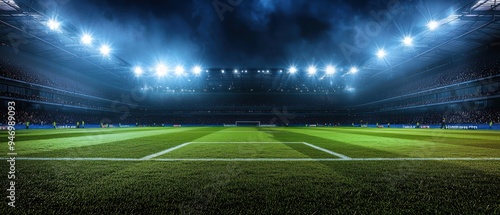 Illuminated Soccer Field at Night with a Crowd in the Stands