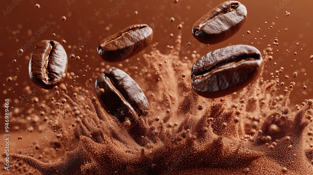 Coffee splash, close-up, several coffee beans flying around in coffee powder, advertising photography, studio shot Coffee splash, close-up, several coffee beans flying around in coffee powder, advertising photography, studio shot