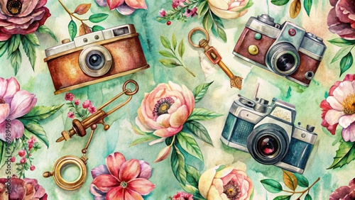 Vibrant watercolor illustration of a nostalgic 1950s-inspired scene, complete with vintage cameras, antique keys, and distressed floral patterns on a soft, textured background.
