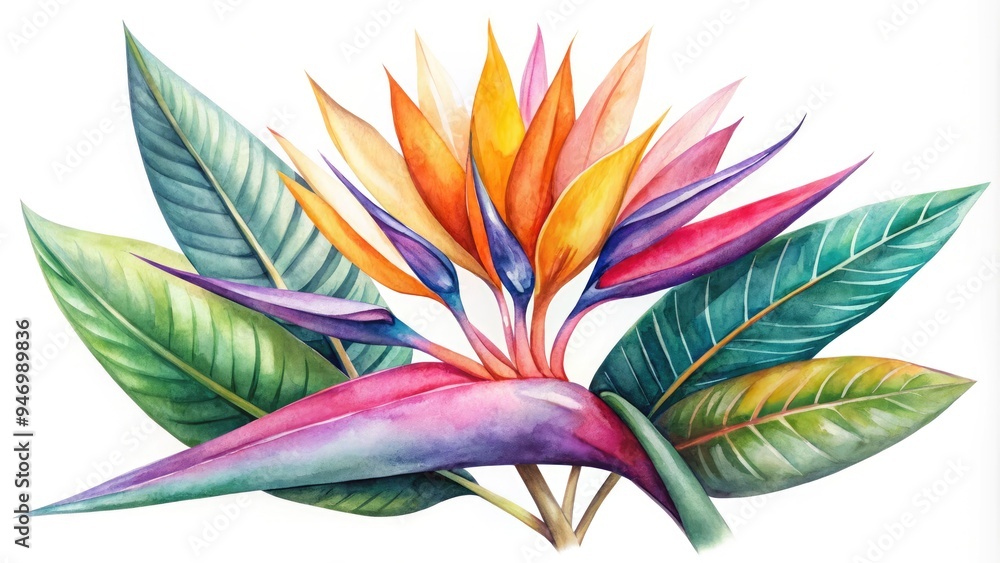 Φωτογραφία Vibrant watercolor illustration of a stylized bird of paradise flower with intricate petals and leaves in shades of pink, orange, and purple on white background