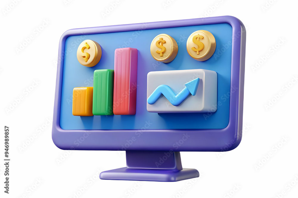 3D Glossy Desktop Monitor with Holographic Financial Dashboards and Currency Symbols - Perfect for Corporate Finance Presentations 3D Glossy Desktop Monitor with Holographic Financial Dashboards and Currency Symbols - Perfect for Corporate Finance Presentations