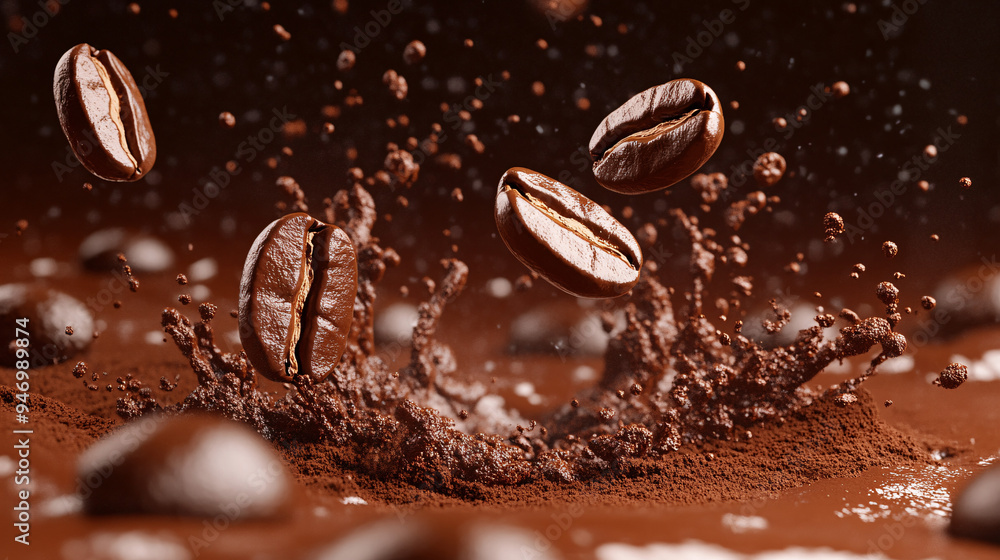 Coffee splash, close-up, several coffee beans flying around in coffee powder, advertising photography, studio shot Coffee splash, close-up, several coffee beans flying around in coffee powder, advertising photography, studio shot