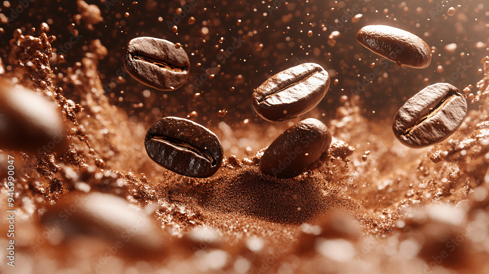 Coffee splash, close-up, several coffee beans flying around in coffee powder, advertising photography, studio shot Coffee splash, close-up, several coffee beans flying around in coffee powder, advertising photography, studio shot