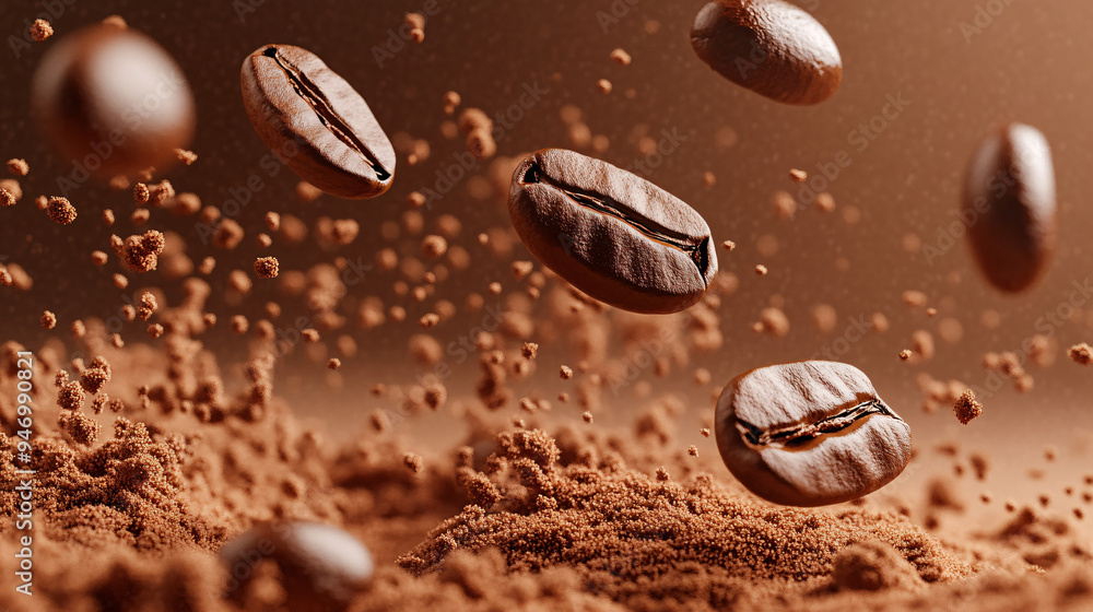 Coffee splash, close-up, several coffee beans flying around in coffee powder, advertising photography, studio shot Coffee splash, close-up, several coffee beans flying around in coffee powder, advertising photography, studio shot