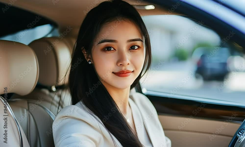 Confident woman sitting in luxury car interior with ai generated.
Confident woman sitting in luxury car interior with ai generated.