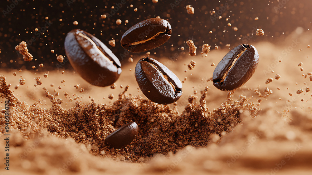 Coffee splash, close-up, several coffee beans flying around in coffee powder, advertising photography, studio shot Coffee splash, close-up, several coffee beans flying around in coffee powder, advertising photography, studio shot