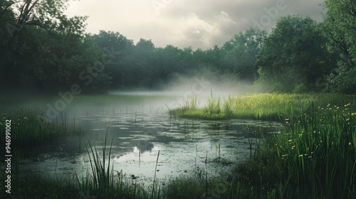 Misty Morning Over a Still Pond with Green Foliage