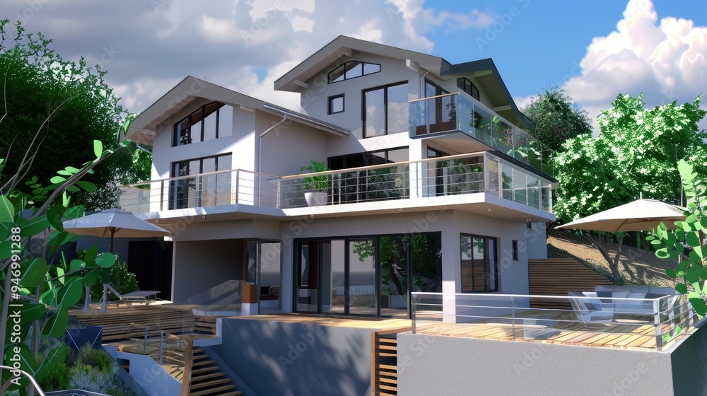 Modern Two-Story House with Balcony and Patio Modern Two-Story House with Balcony and Patio