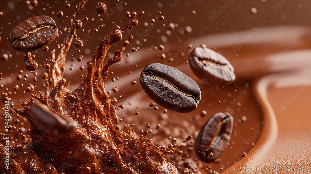Coffee splash, close-up, several coffee beans flying around in coffee powder, advertising photography, studio shot Coffee splash, close-up, several coffee beans flying around in coffee powder, advertising photography, studio shot