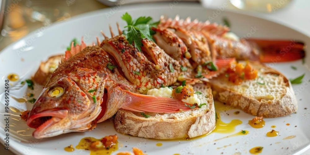 Red mullet served on bread slices with mashed sauce in an elegant restaurant Red mullet served on bread slices with mashed sauce in an elegant restaurant