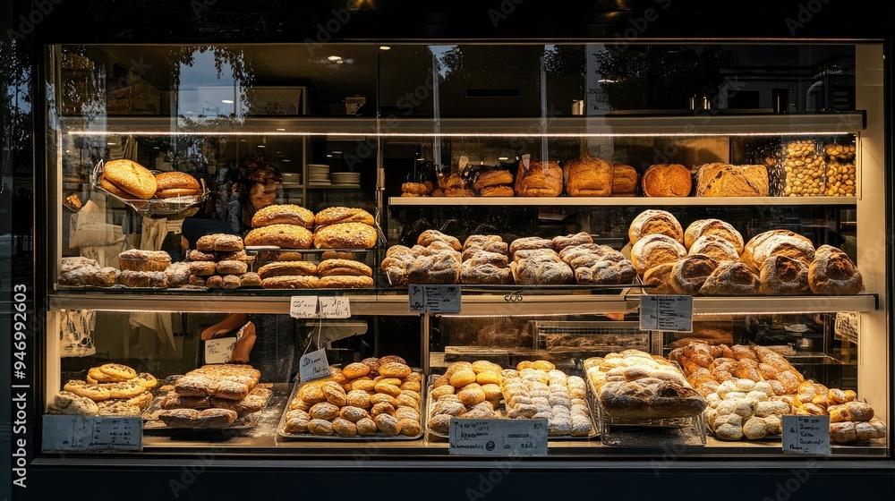 Bakery glass showcase seen from outside, packed with an array of freshly baked bread, rolls, and cookies, perfectly arranged to catch the eye of passersby Bakery glass showcase seen from outside, packed with an array of freshly baked bread, rolls, and cookies, perfectly arranged to catch the eye of passersby