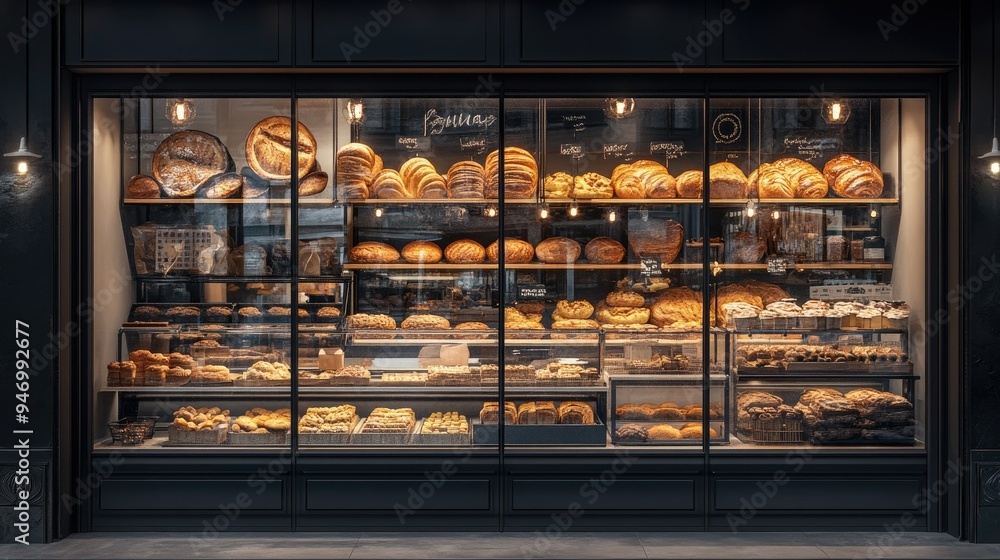 Bakery glass showcase seen from outside, packed with an array of freshly baked bread, rolls, and cookies, perfectly arranged to catch the eye of passersby Bakery glass showcase seen from outside, packed with an array of freshly baked bread, rolls, and cookies, perfectly arranged to catch the eye of passersby