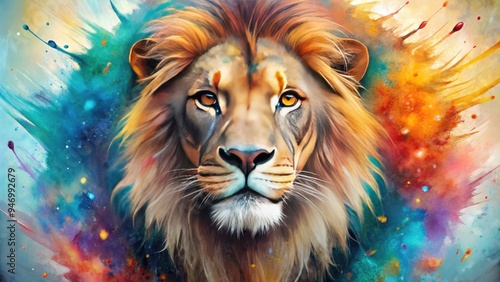 Vibrant watercolor splashes surround a majestic lion's face, detailed whiskers and fur blending with soft, dreamy brushstrokes in a stunning, realistic animal portrait.