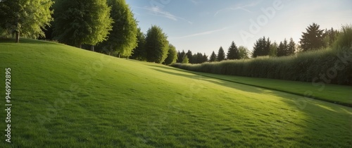 Lush Green Grassy Field with Trees and a Blue Sky