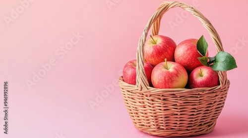 Bamboo basket filled with fresh apples on a pastel backdrop, focusing on the natural skincare benefits of apple extract.