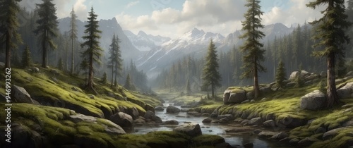 Serene Mountain River Winding Through a Lush Forest