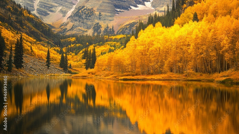 Obraz premium Scenic mountain view with trees ablaze in autumn colors and a calm lake