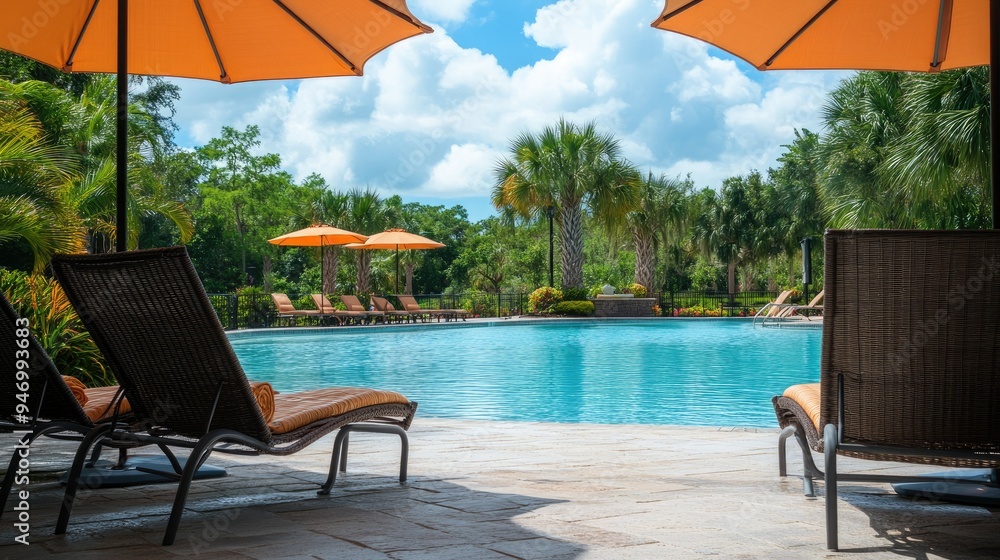 Fototapeta premium Beautifully designed chairs and umbrellas by the pool at a hotel resort, embodying a holiday vacation escape.